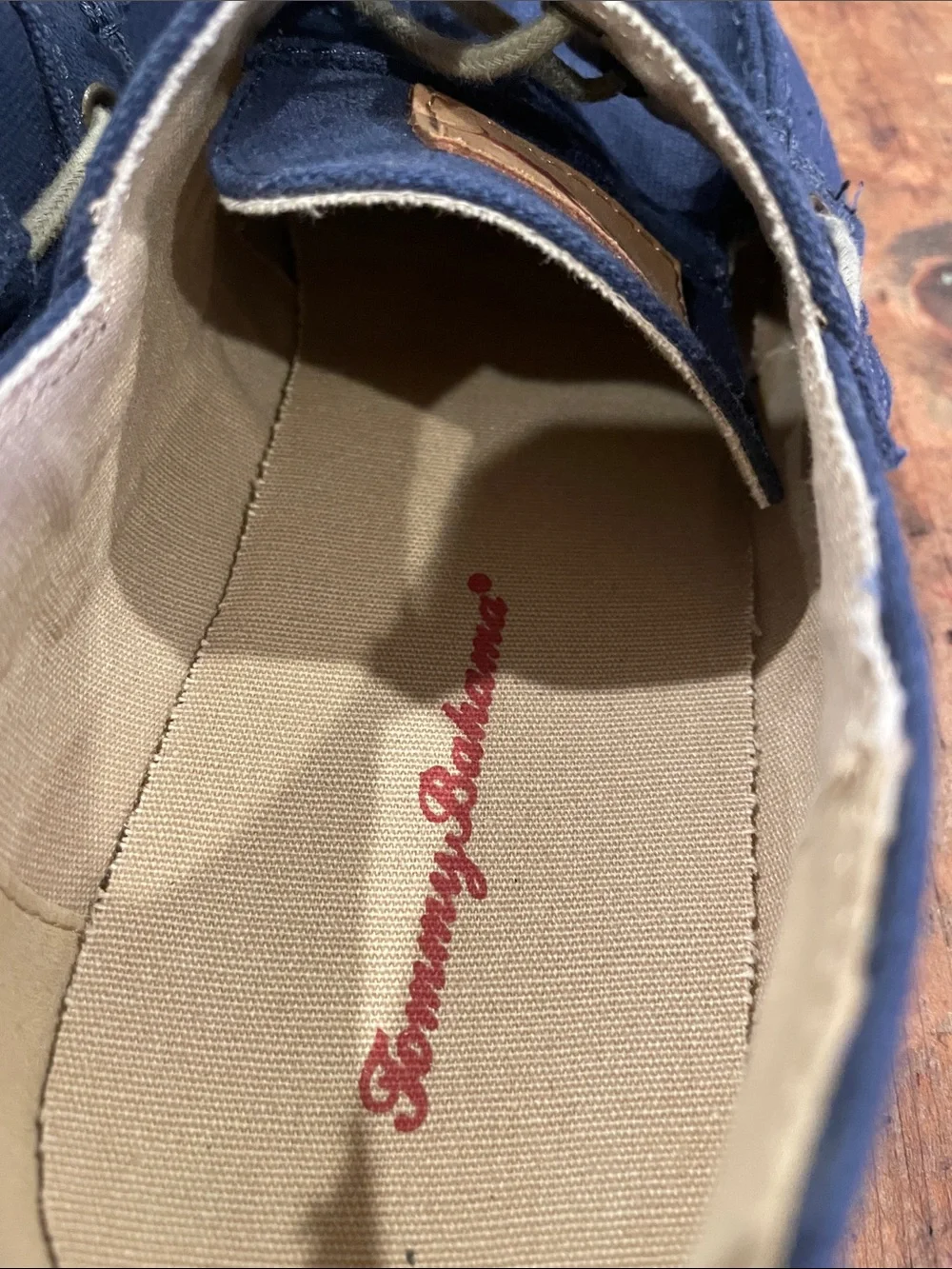 Tommy Bahama Navy Canvas Boat Shoes with Tan Laces
